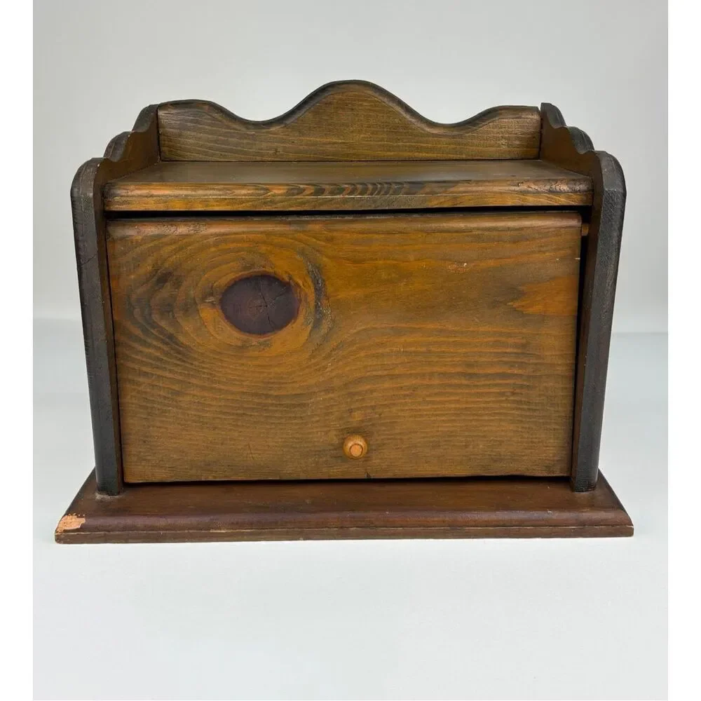 Vtg Hand Carved Wooden Bread Box Rustic Farmhouse Countertop Storage